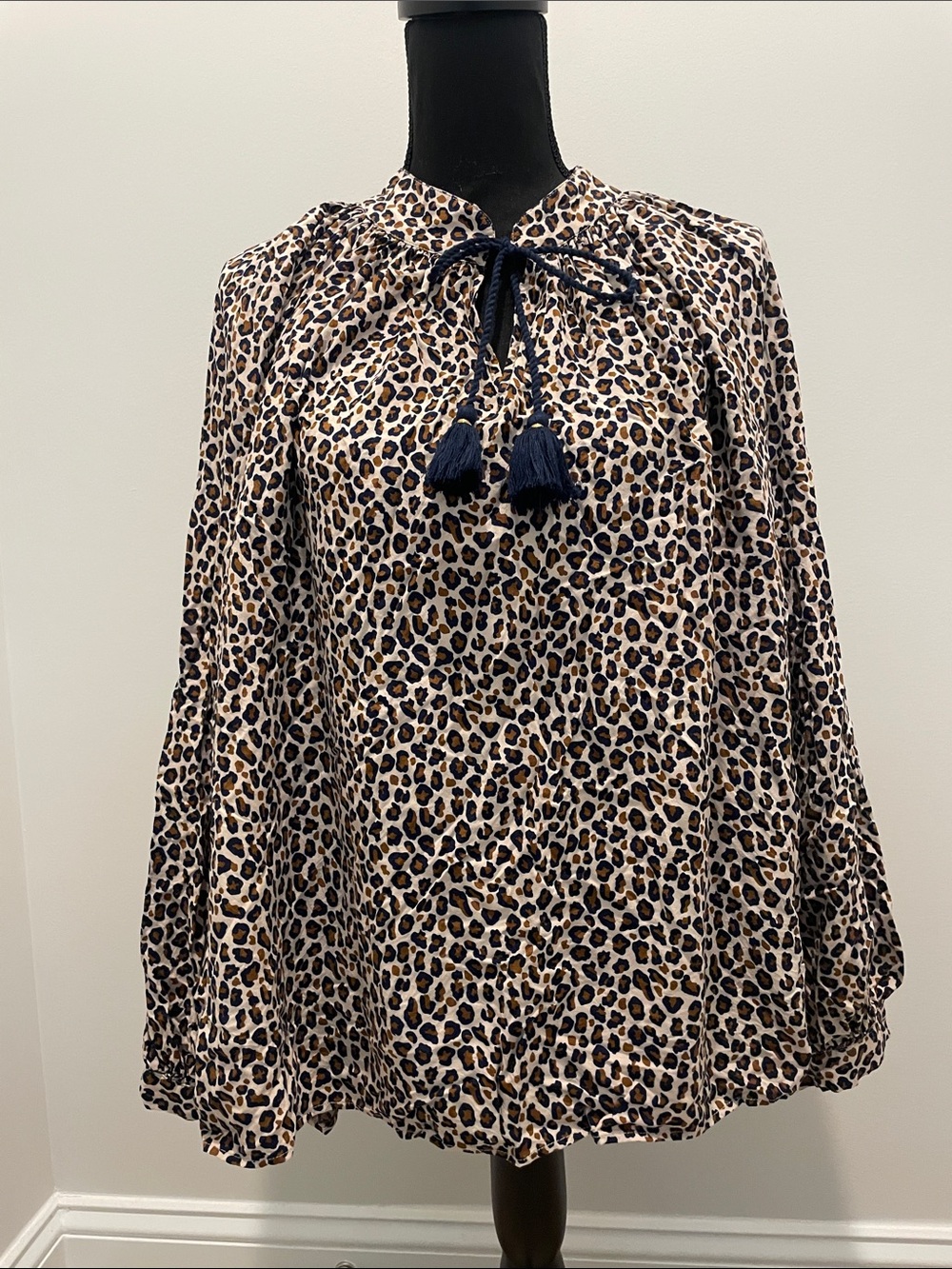 crown & ivy Leopard Tassel Tie Blouse - Beige, Black
